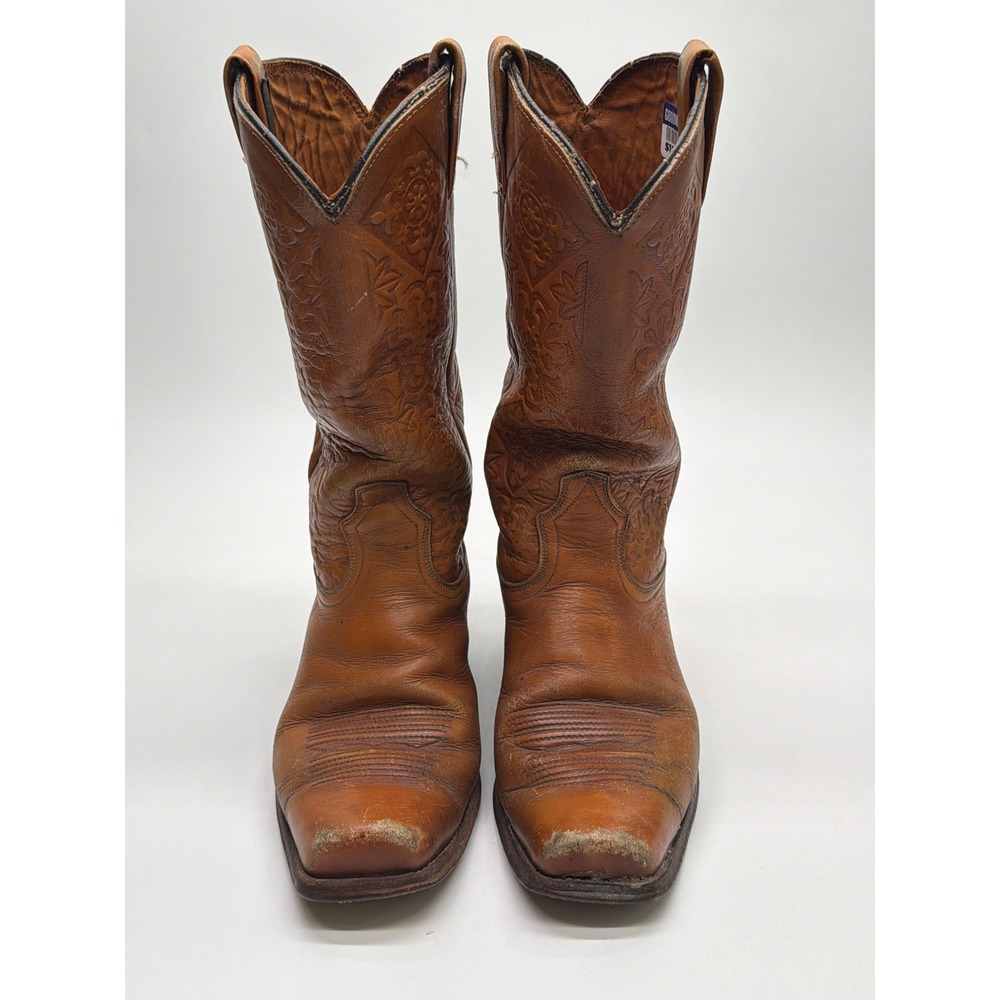 Dan post Mens Vintage Tan Leather Embossed Floral Square Toe Cowboy Boots 8D